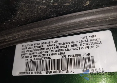 2000 Subaru Outback Limited z USA, uszkodzony, nr VIN 4S3BH6860Y7635347